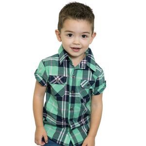 Little Prince Couture Kid's Green Plaid Short Sleeve Button-up Shirt Multi Sizes